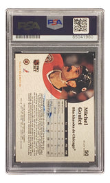 Back of the Michel Goulet Signed 1991 Pro Set #50 Chicago Blackhawks Hockey Card by Sports Integrity, PSA/DNA authenticated, featuring his stats, team (Chicago Blackhawks), and a helmeted headshot in a PSA case.