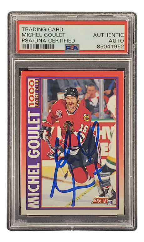 Michel Goulet Signed 1991 Score #265 Chicago Blackhawks hockey card by Sports Integrity, PSA/DNA certified, red border with "10,000 Point Club" and "Score 91" on front.