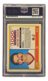 The Michel Goulet Signed 1991 Score #265 Chicago Blackhawks Hockey Card by Sports Integrity is graded and authenticated by PSA/DNA, featuring his portrait, stats, the Canada flag, and Score logo with the PSA label and serial number visible.