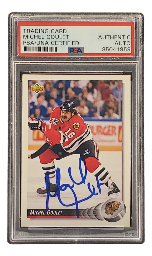 Sports Integrity's Michel Goulet Signed 1992 Upper Deck #113 Chicago Blackhawks Hockey Card is PSA/DNA authenticated, featuring Goulet in uniform on the ice.