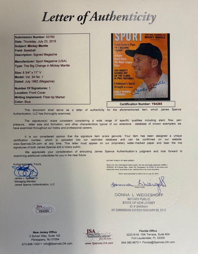 Mickey Mantle New York Yankees Signed 1962 Sports Magazine JSA LOA