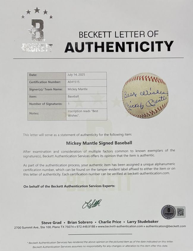 Mickey Mantle New York Yankees Signed Rawlings Baseball Best Wishes PSA+BAS LOA