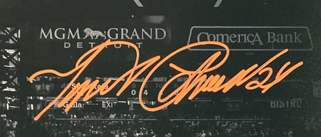 The Sports Integrity Miguel Cabrera Signed Framed 16x20 Detroit Tigers Scoreboard Photo BAS features an orange autograph on a black-and-white stadium photo with MGM Grand Detroit and Comerica Bank scoreboards in the background.