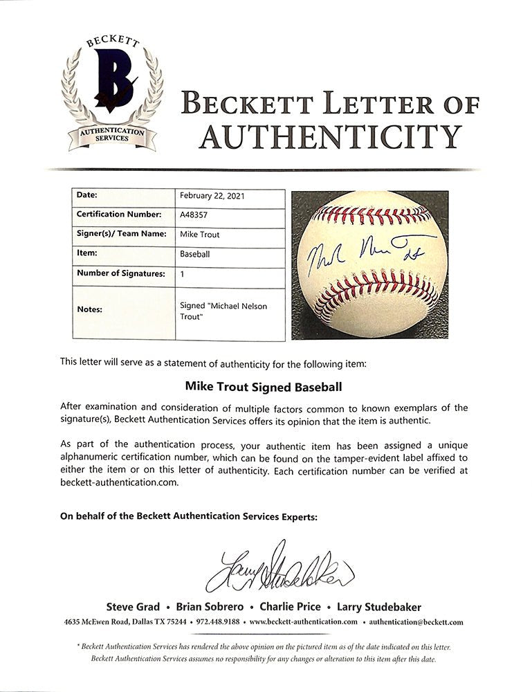 Michael Nelson Trout Signed Full Name MLB Baseball MLB Holo+BAS LOA A48357 - Sports Integrity