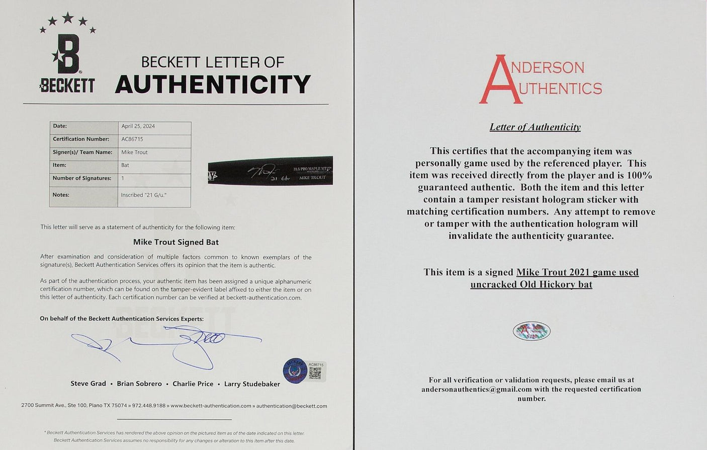 Mike Trout Signed Game Used 2021 Angels Old Hickory Bat BAS+PSA GU 10