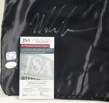 Sports Integrity Mike Tyson Signed Custom Black Boxing Trunks, featuring a silver autograph with JSA ITP certification card and matching sticker (WW441040) included for authentication.