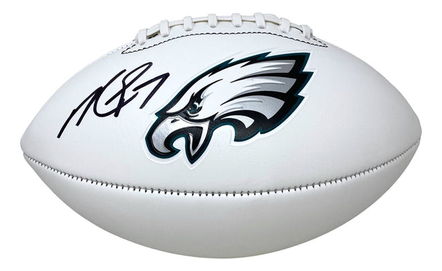 A Michael Vick Signed Philadelphia Eagles Logo Football by Sports Integrity, featuring the team's logo and his black ink autograph on the left side of the emblem.