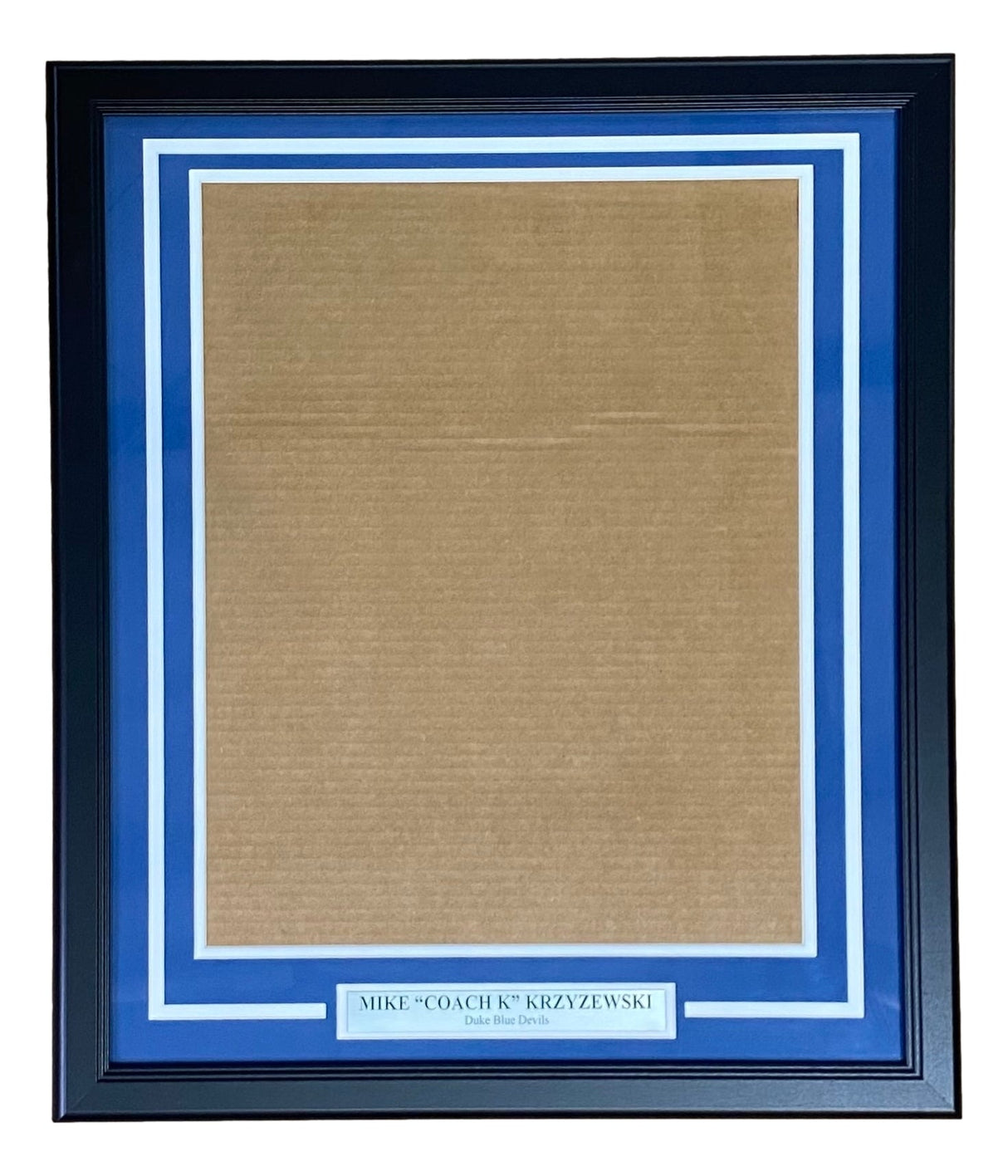 The Sports Integrity Coach K Mike Krzyzewski Duke 16x20 Vertical Photo Frame Kit features a black frame with blue and white matting and a plaque at the bottom that reads: MIKE COACH K KRZYZEWSKI Duke Blue Devils.