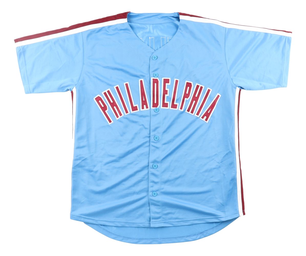 Miles Teller Philadelphia Signed Light Blue Baseball Jersey BAS BT57602