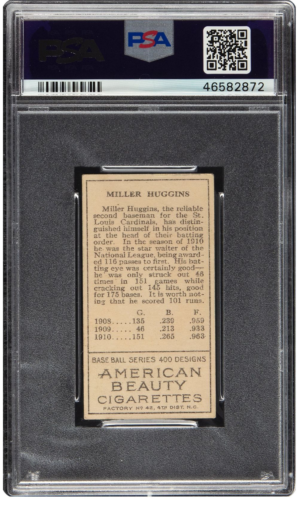 1911 T205 American Beauty Miller Huggins Gold Border Cardinals Card PSA VG-EX 4