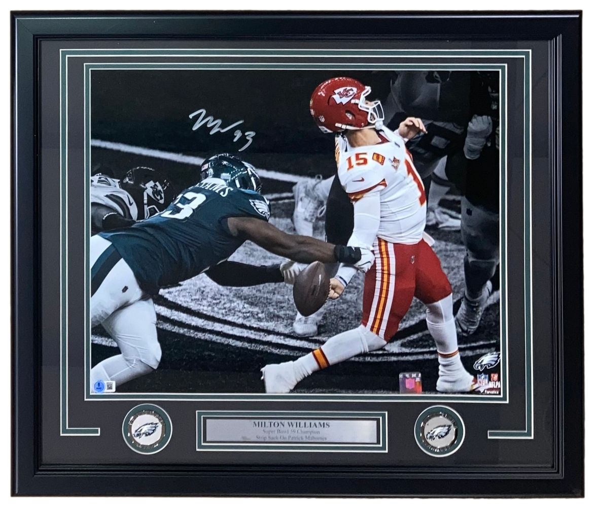 Sports Integrity Milton Williams Signed Framed 16x20 Eagles SB 59 Strip Sack Spotlight Photo showcases a key Super Bowl play against the Chiefs, complete with autograph and plaques.