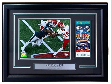 Sports Integrity Milton Williams Framed 8x10 Eagles SB59 LIX Mahomes Strip Sack Photo with replica ticket, featuring an action shot and plaque labeled "Milton Williams, Philadelphia Eagles #93, Super Bowl Champion.