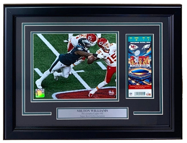 Sports Integrity Milton Williams Framed 8x10 Eagles SB59 LIX Mahomes Strip Sack Photo with replica ticket, featuring an action shot and plaque labeled "Milton Williams, Philadelphia Eagles #93, Super Bowl Champion.