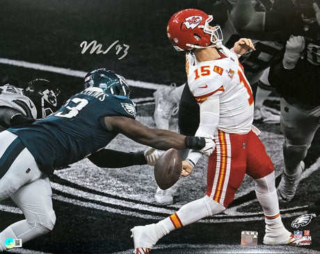 Milton Williams (#93 Eagles) strip sacks Chiefs QB (#15) as he readies to throw, featured in this signed 16x20 Super Bowl 59 Spotlight Photo by Sports Integrity.