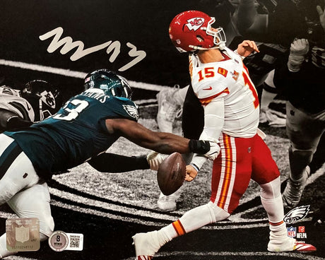 The Sports Integrity Milton Williams Signed 8x10 Eagles Super Bowl 59 photo shows Williams strip-sacking Chiefs QB Mahomes. Includes BAS authentication, player autograph, and NFL logos.