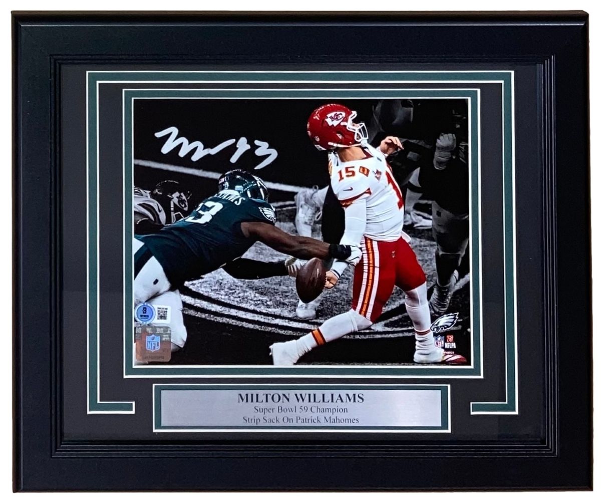 Milton Williams signed and framed 8x10 photo of his strip sack on Mahomes in SB 59, includes plaque and BAS authentication. By Sports Integrity.