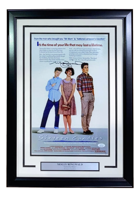Sports Integrity's Molly Ringwald Signed Framed 11x17 Sixteen Candles Movie Poster Photo features the three main characters, their signatures, a plaque with Molly Ringwald's name, and comes in a black frame with a light background. Authenticated by JSA ITP.