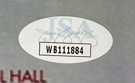 A white oval JSA authentication sticker with black code WB111884, JSA logo, and signature pattern is on the gray frame of the Molly Ringwald Signed Framed 11x17 Sixteen Candles Movie Poster Photo by Sports Integrity.