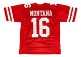 The Sports Integrity Joe Montana San Francisco Red Football Jersey features white sleeve stripes, "MONTANA" above the large number 16 on the back.