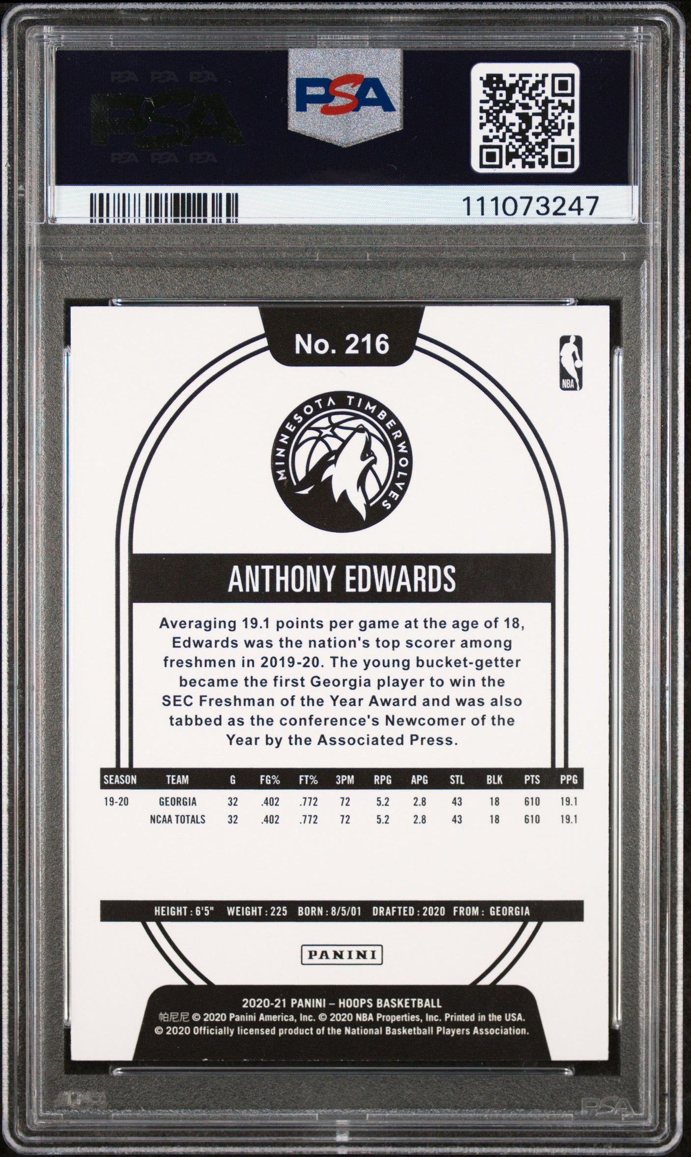 Anthony Edwards Signed 2020 Panini Hoops #216 Rookie Card Auto 10! PSA/DNA Slab