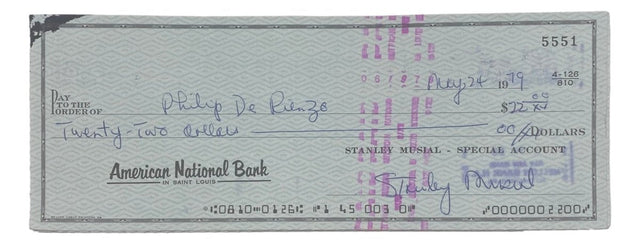 Stan Musial St. Louis Cardinals Signed Bank Check #5551 BAS - Sports Integrity