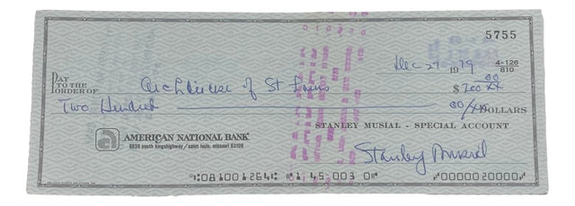 Stan Musial St. Louis Cardinals Signed Bank Check #5755 BAS - Sports Integrity