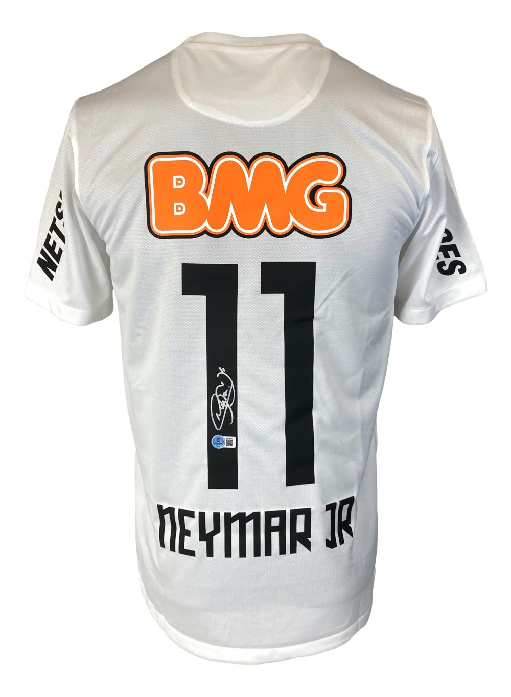 The Sports Integrity Neymar Jr Signed Santos FC White Nike Soccer Jersey features black number 11, NEYMAR JR and autograph on the back, plus an orange BMG sponsor logo across the shoulders.
