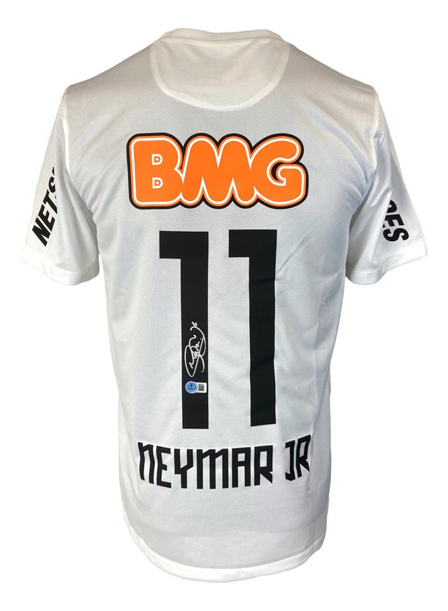 The Sports Integrity Neymar Jr Signed Santos FC White Nike Soccer Jersey features black number 11, NEYMAR JR and autograph on the back, plus an orange BMG sponsor logo across the shoulders.