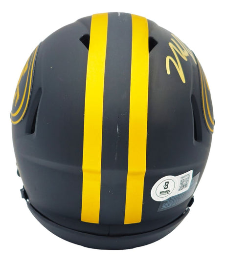 The Sports Integrity Nick Bosa Signed San Francisco 49ers Eclipse Mini Speed Helmet BAS features a matte dark finish, two yellow stripes, a yellow logo on the sides, an autograph on the top right, and a certification sticker on the back.