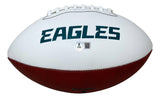 A Nick Sirianni Super Bowl 59 LIX Champion Philadelphia Eagles logo football by Sports Integrity, white with brown lower half, features "EAGLES" in green on the white section and includes an "8" sticker with barcode.