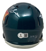 A Nick Sirianni signed Philadelphia Eagles Super Bowl 59 LIX Mini Speed Helmet by Sports Integrity, shown from the back with a white chin strap, warning label, "8 WILKES" sticker, and autograph in white marker on the left side.