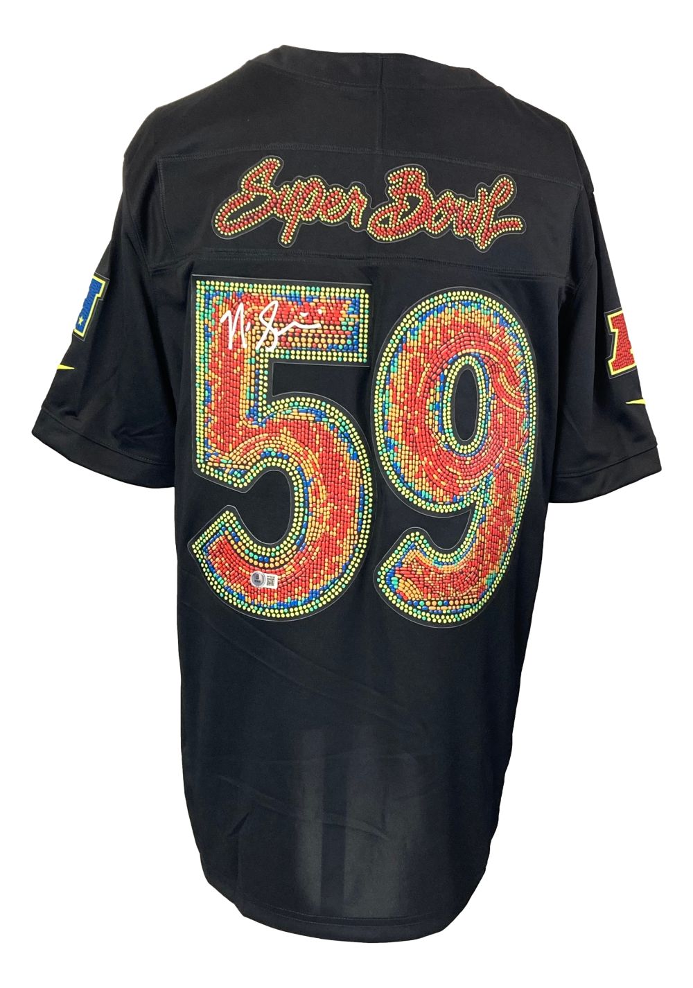 The Sports Integrity Nick Sirianni Signed Philadelphia Eagles Super Bowl 59 LIX Nike Limited Jersey BAS features “Super Bowl” in red and yellow on the back, colorful rhinestone number 59, and signature-style writing above the numbers.