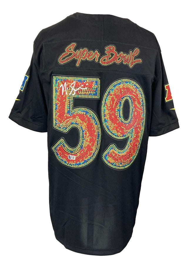 The Sports Integrity Nick Sirianni Signed Philadelphia Eagles Super Bowl 59 LIX Nike Limited Jersey BAS features “Super Bowl” in red and yellow on the back, colorful rhinestone number 59, and signature-style writing above the numbers.