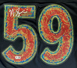 The image features a Nick Sirianni autographed Philadelphia Eagles Super Bowl 59 LIX Nike Limited Jersey by Sports Integrity, with the number 59 in a colorful mosaic pattern on a black background and his white signature on the top left of the "5".