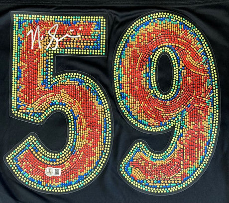The image features a Nick Sirianni autographed Philadelphia Eagles Super Bowl 59 LIX Nike Limited Jersey by Sports Integrity, with the number 59 in a colorful mosaic pattern on a black background and his white signature on the top left of the "5".