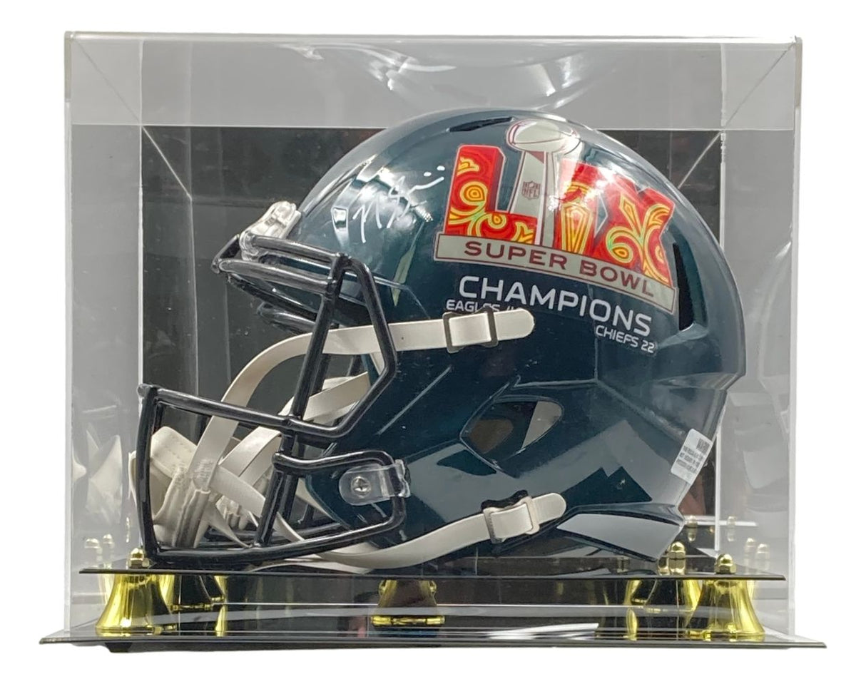 A Nick Sirianni Signed Eagles FS Super Bowl LIX Replica Helmet by Sports Integrity is showcased in a clear display case.