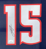 A framed Nikola Jokic Denver navy basketball jersey by Sports Integrity, featuring the white number 15 outlined in red and Jokic's signature in black ink on the left digit.