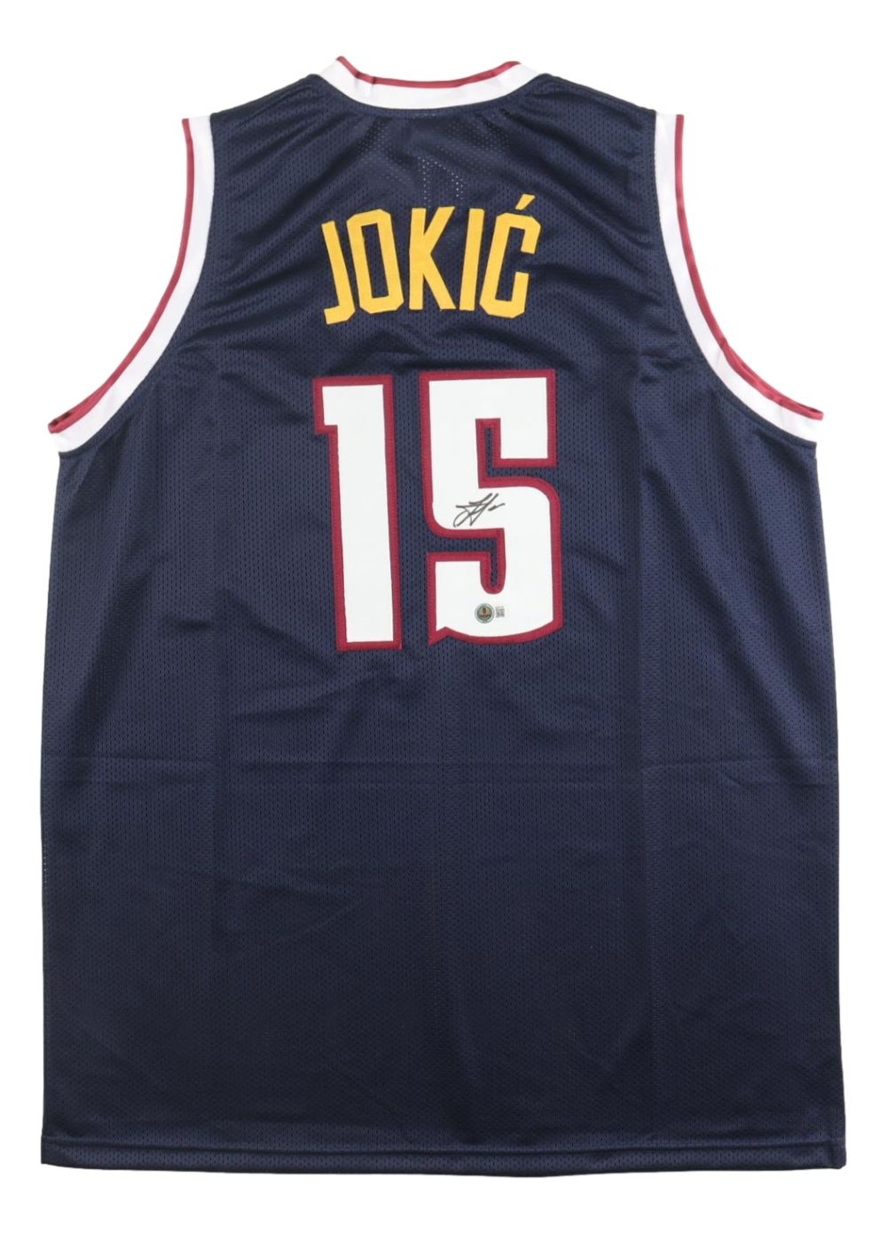 The Sports Integrity Nikola Jokic Denver Signed Navy Basketball Jersey BAS features "JOKIĆ" and number 15 in yellow and white on the back with an autograph below the number and red-white trim.