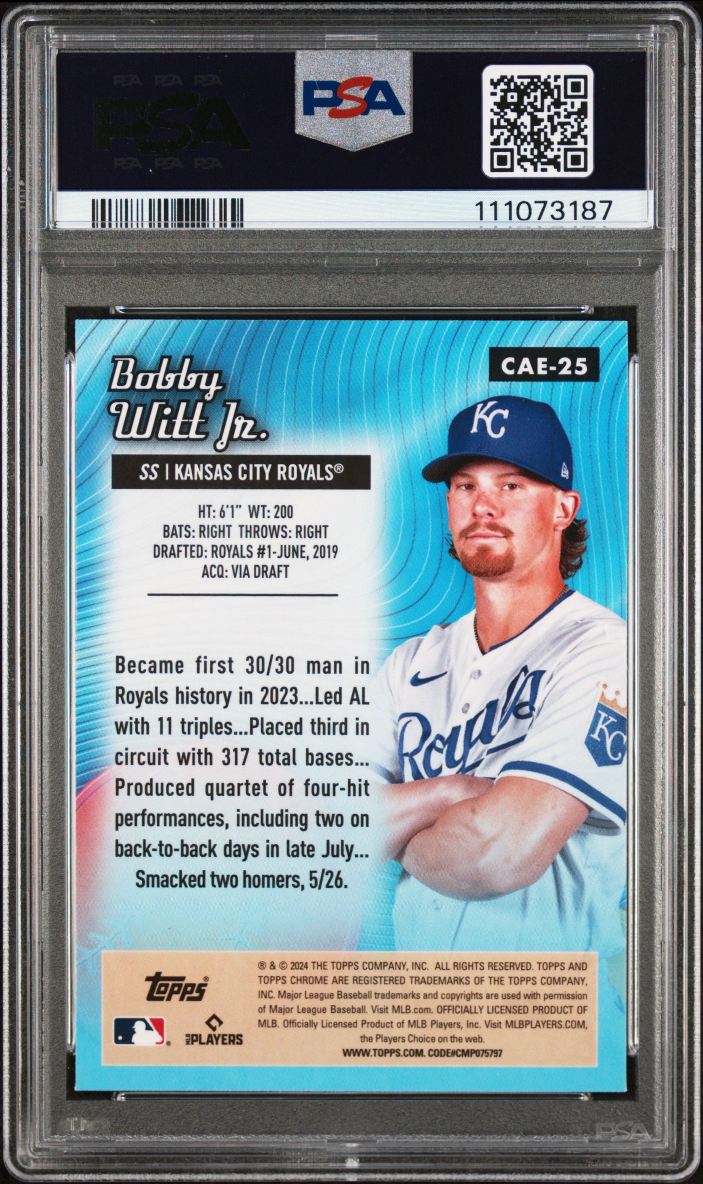 Bobby Witt Jr. Signed 2024 Topps Chrome AE GR #CAE25 Card 9 Auto 10! PSA Slab