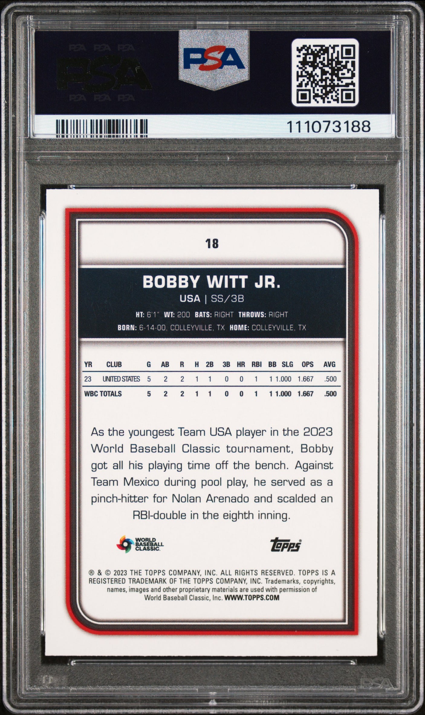 Royals Bobby Witt Jr. Signed 2023 Topps WBC #18 Card 9 Auto 10! PSA/DNA Slabbed