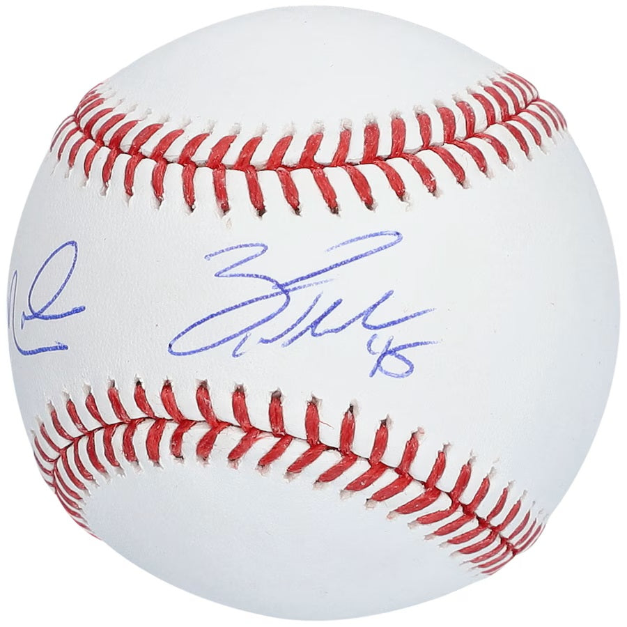 This Sports Integrity baseball features blue marker autographs from Zack Wheeler and Aaron Nola, dual signed on an official MLB ball for the Phillies, available from Fanatics.