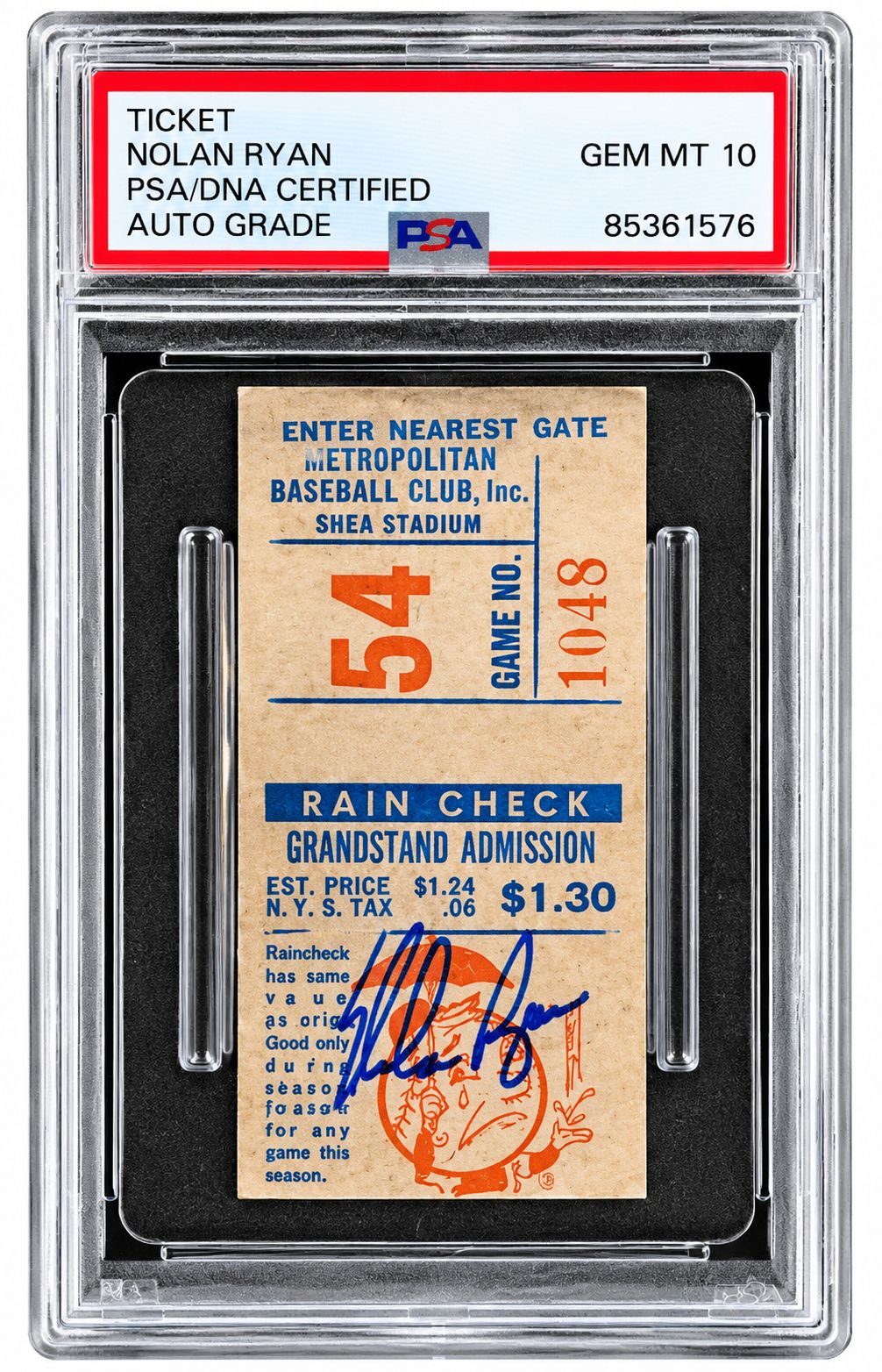 Nolan Ryan Signed New York Mets 1968 Rookie Year Ticket Stub PSA/DNA Auto 10