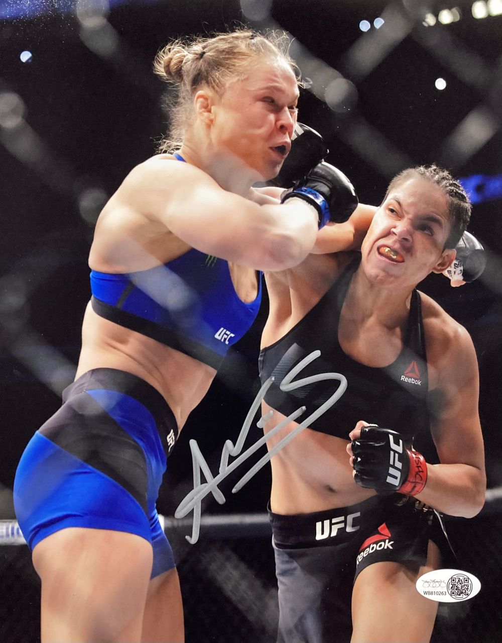 Amanda Nunes Signed 8x10 MMA Ronda Rousey Punch Photo JSA QR Hologram