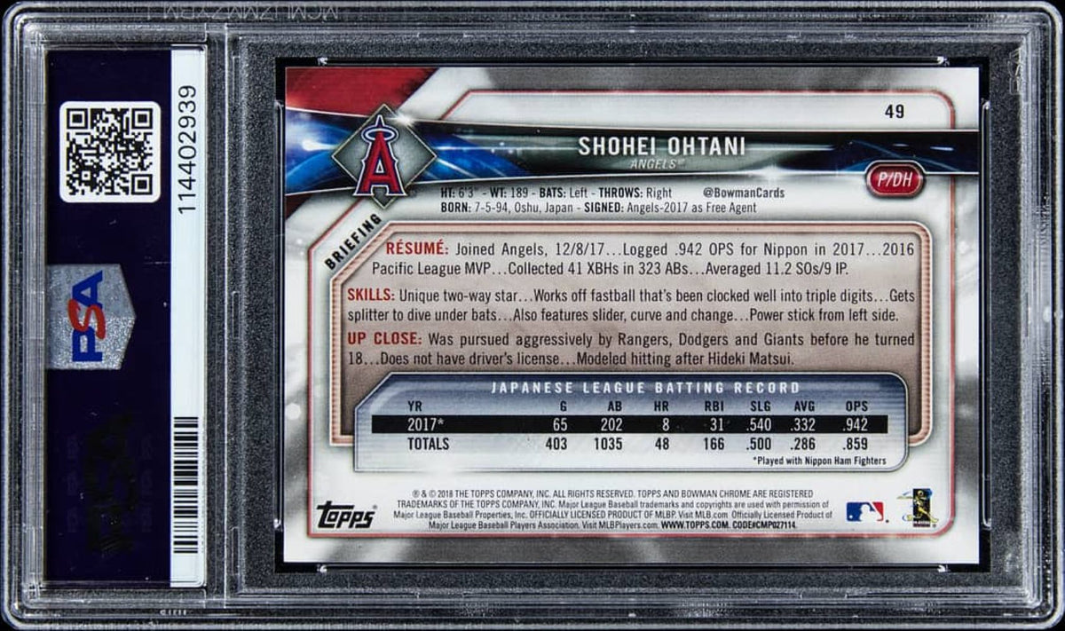 2018 Bowman #49 Shohei Ohtani Los Angeles Angels Rookie Card PSA Mint 9