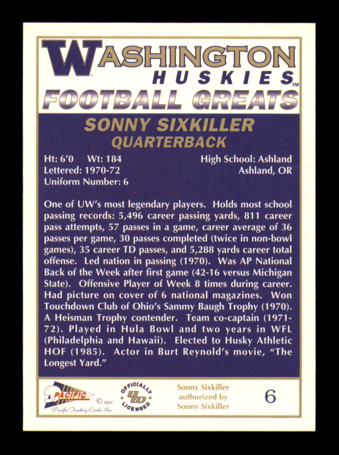 Sonny Sixkiller Autographed 1992 Pacific Card #6 Washington Huskies SKU #251098