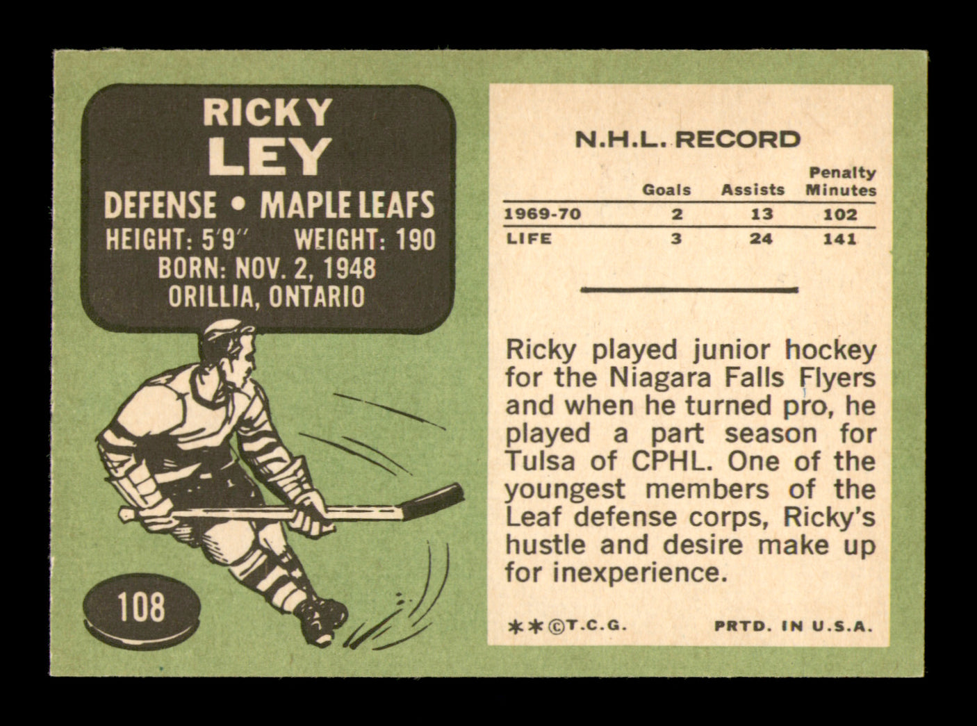 Ricky Ley Autographed 1970-71 Topps Card #108 Toronto Maple Leafs SKU #251194