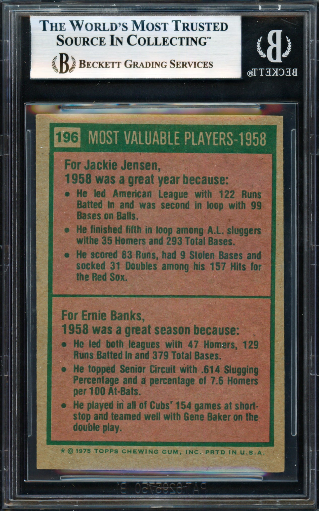 Ernie Banks Autographed 1975 Topps Card #196 Chicago Cubs Beckett BAS #18278846
