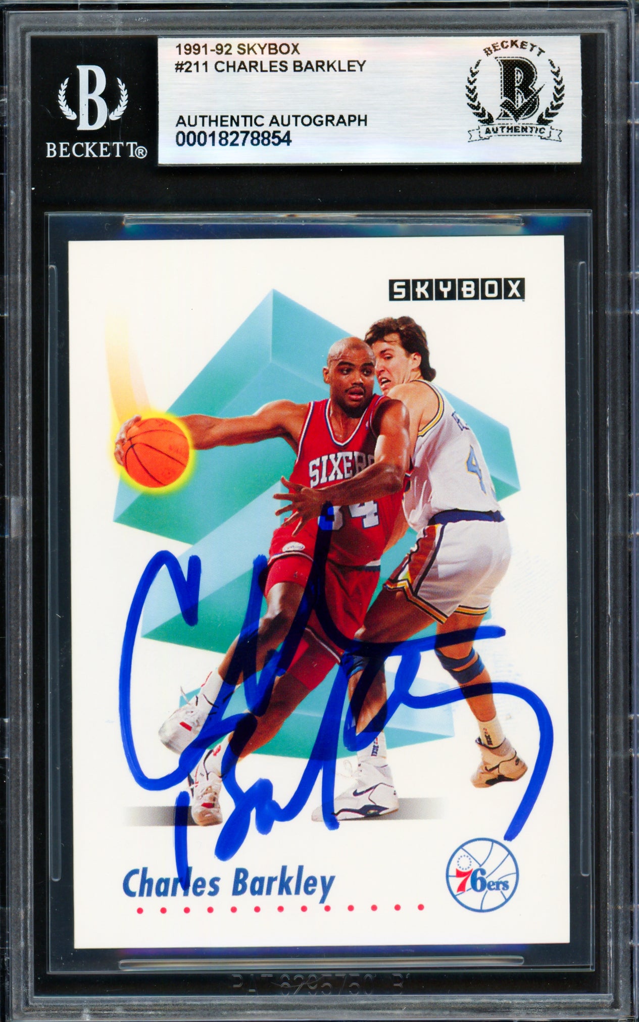 Charles Barkley Autographed 1991-92 Skybox Card #211 Philadelphia 76ers Beckett BAS #18278854