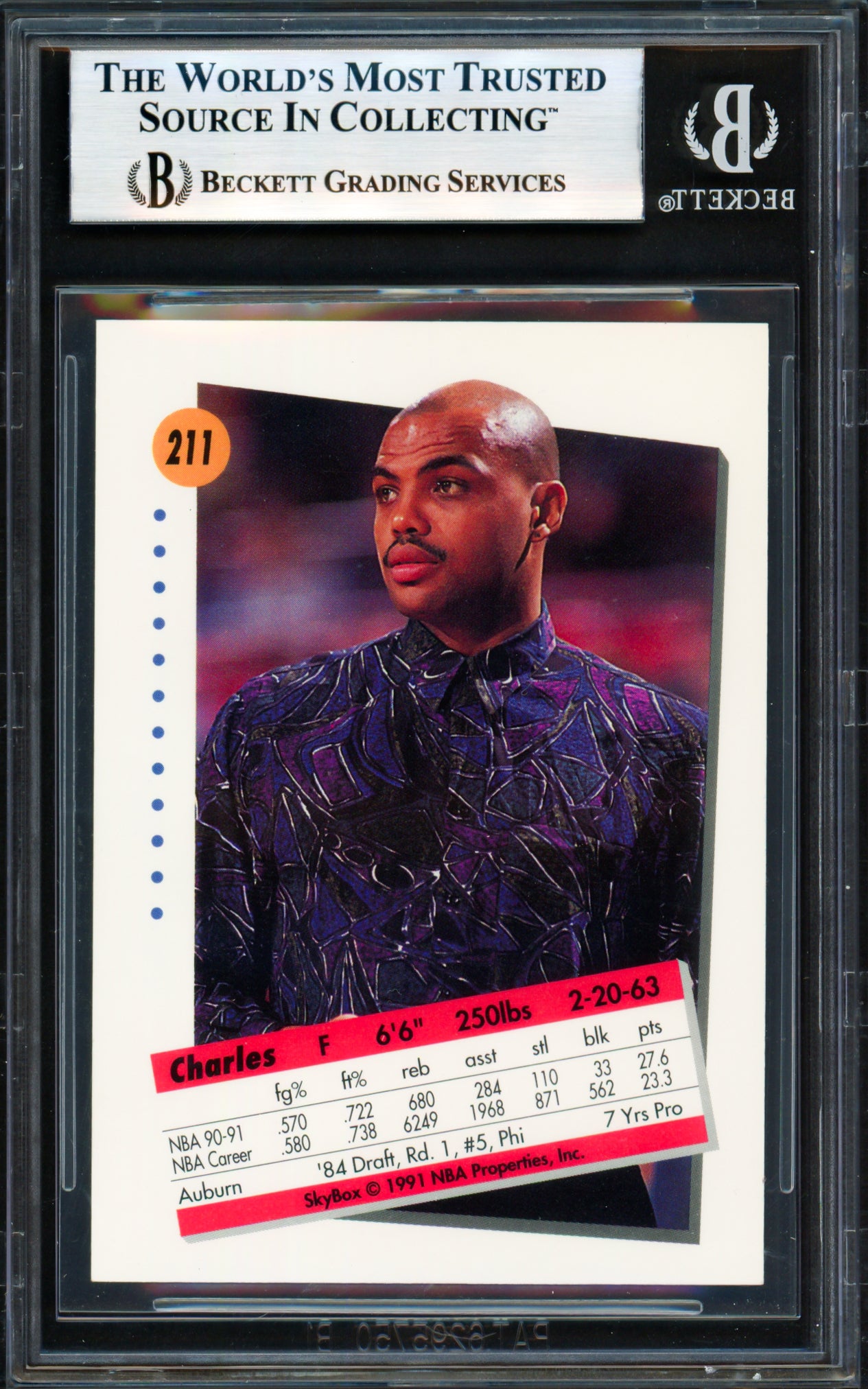 Charles Barkley Autographed 1991-92 Skybox Card #211 Philadelphia 76ers Beckett BAS #18278854