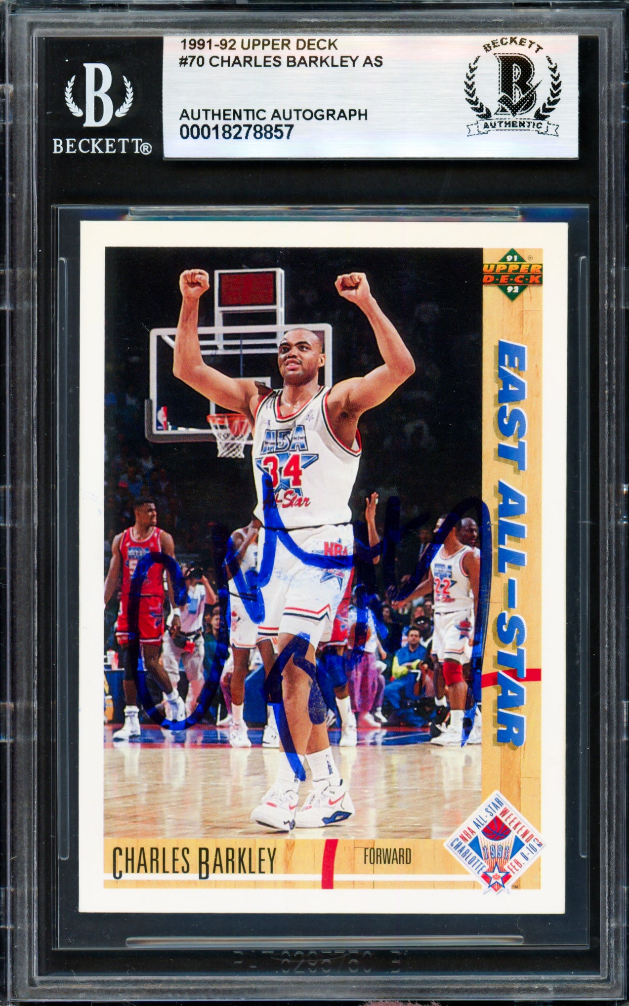 Charles Barkley Autographed 1991-92 Upper Deck Card #70 Philadelphia 76ers Beckett BAS #18278857